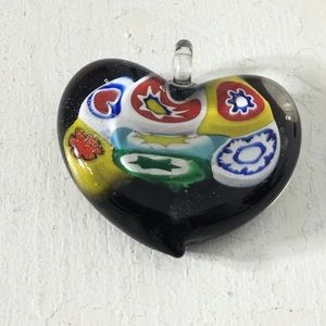 Vintage Murano Glass Black Back Heart Pendant
